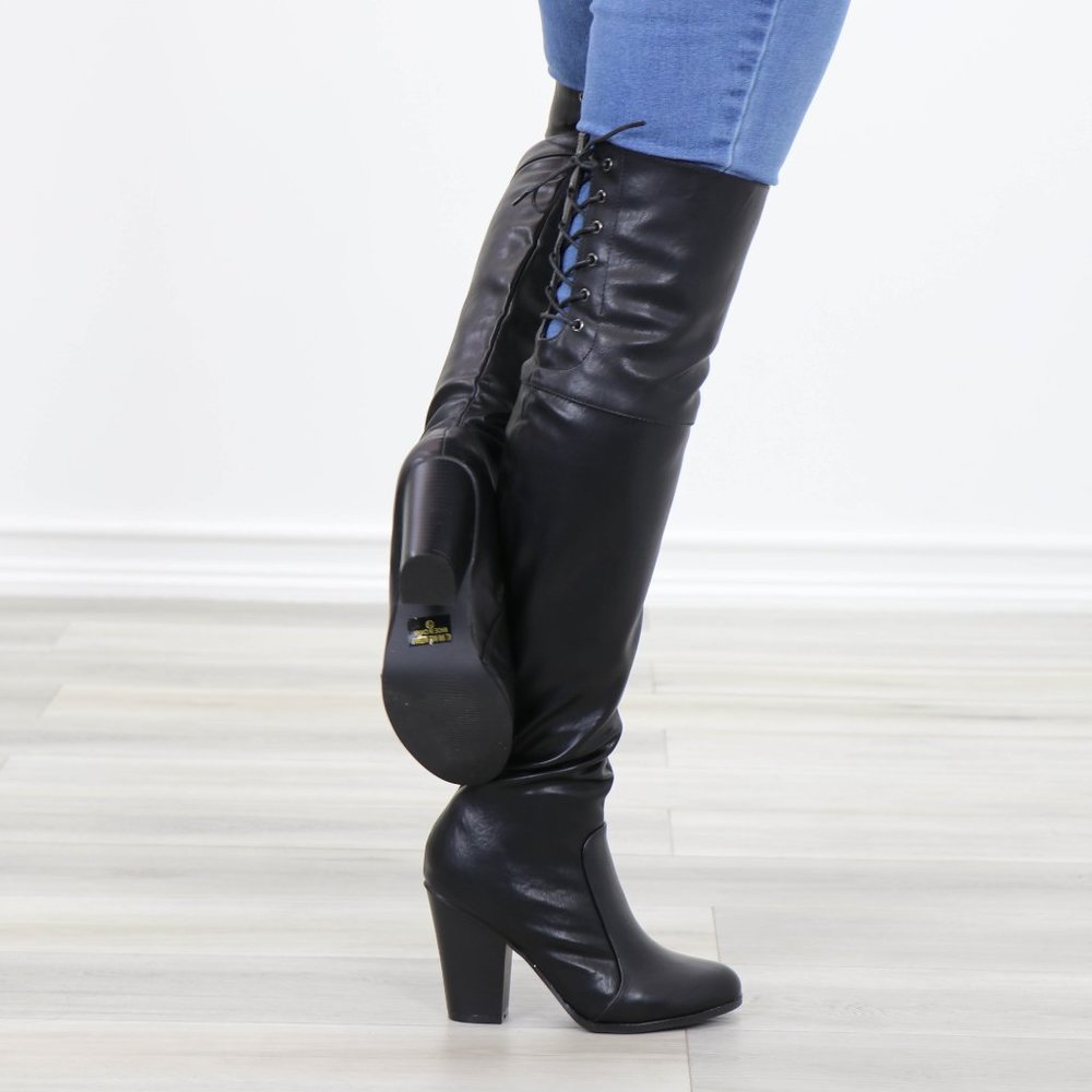 Restock Faux Leather Thigh High Boots Lace Up Back - Picture 4 of 16